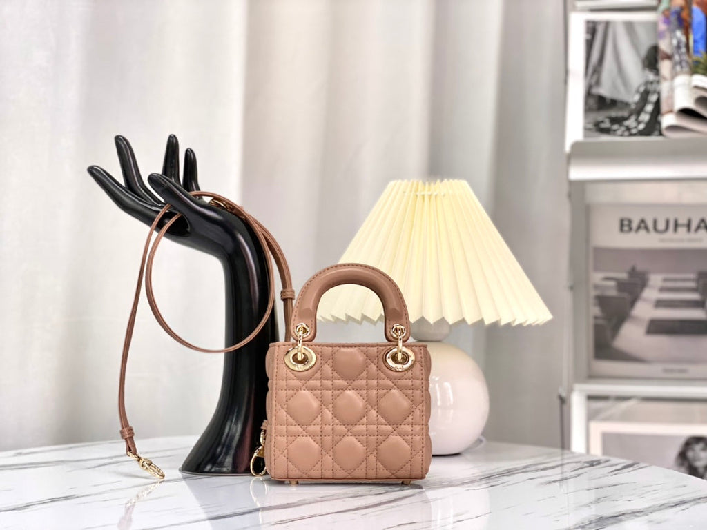 DIOR MICRO LADY 12 BAG IN CAMEL BEIGE LAMBSKIN