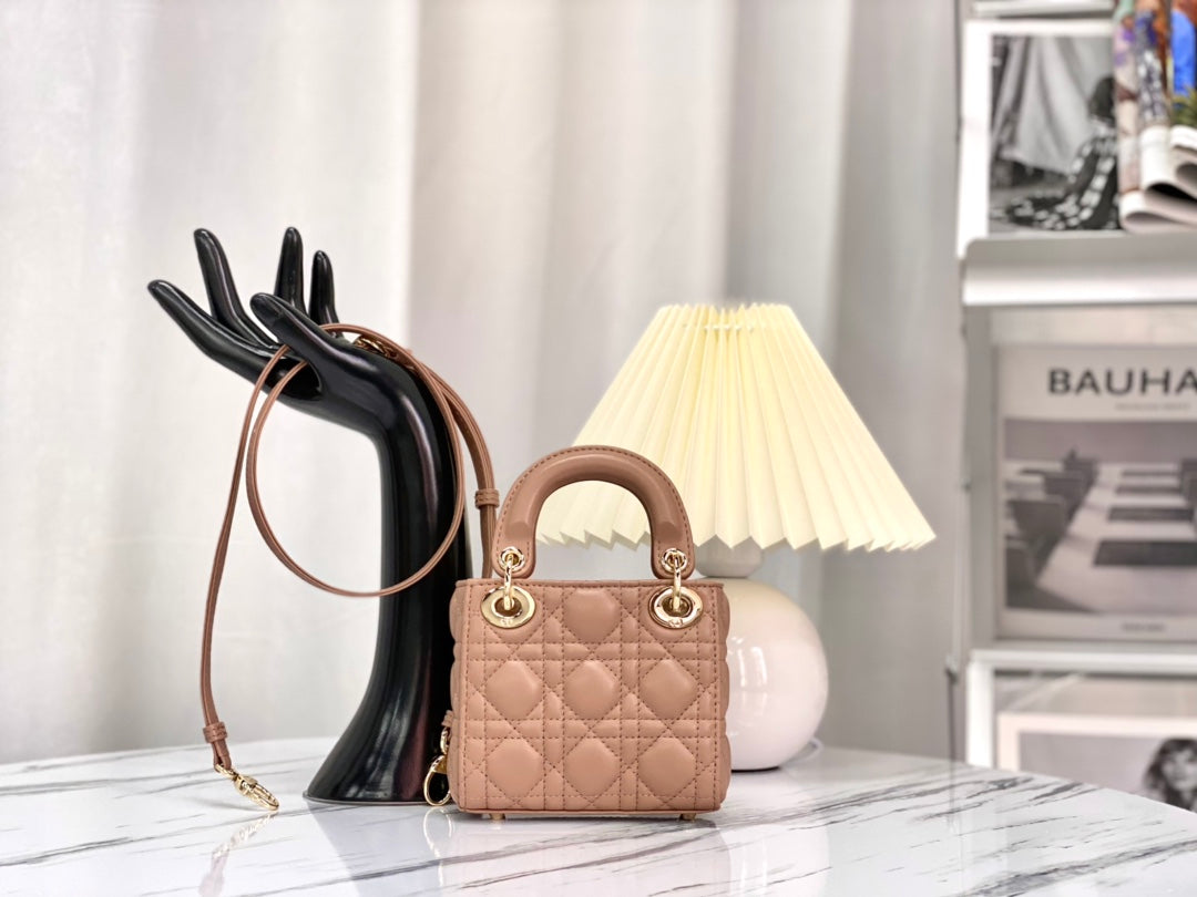 DIOR MICRO LADY 12 BAG IN CAMEL BEIGE LAMBSKIN