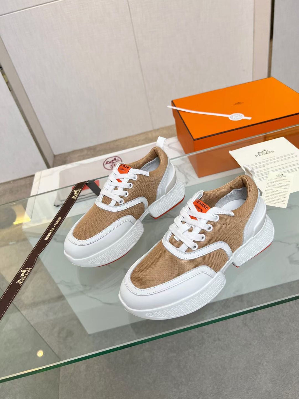 HERMES GIGA SNEAKER CARAMEL MIX WHITE CALFSKIN