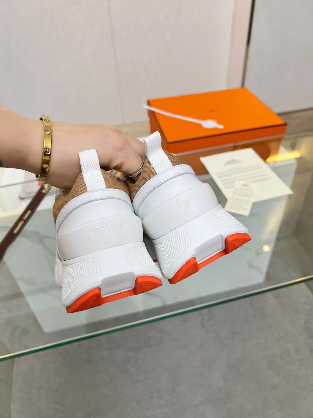 HERMES GIGA SNEAKER CARAMEL MIX WHITE CALFSKIN