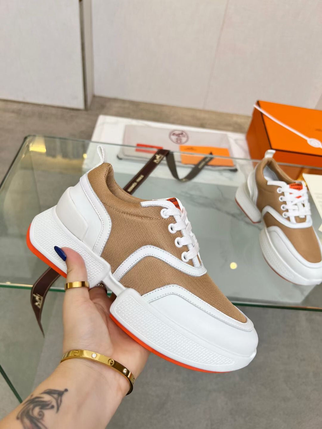 HERMES GIGA SNEAKER CARAMEL MIX WHITE CALFSKIN