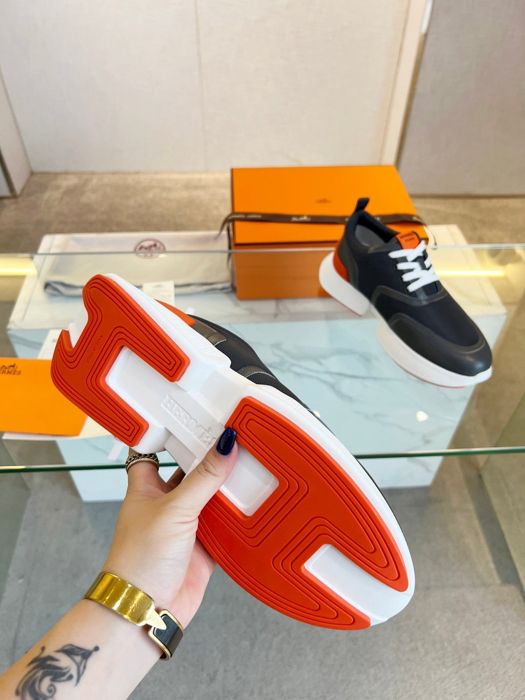 HERMES GIGA SNEAKER BLACK CALFSKIN BLACK SOLE