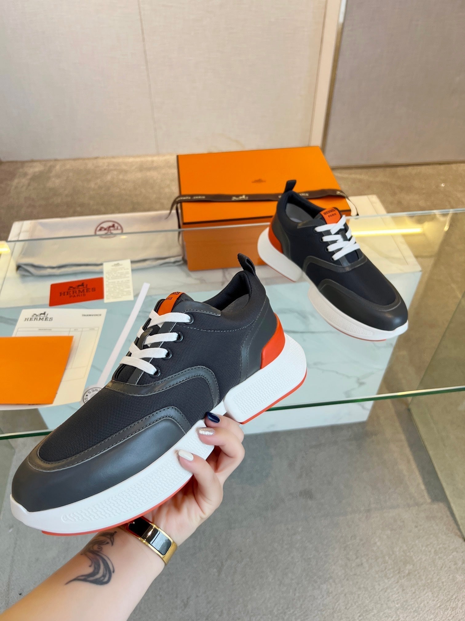HERMES GIGA SNEAKER BLACK CALFSKIN BLACK SOLE