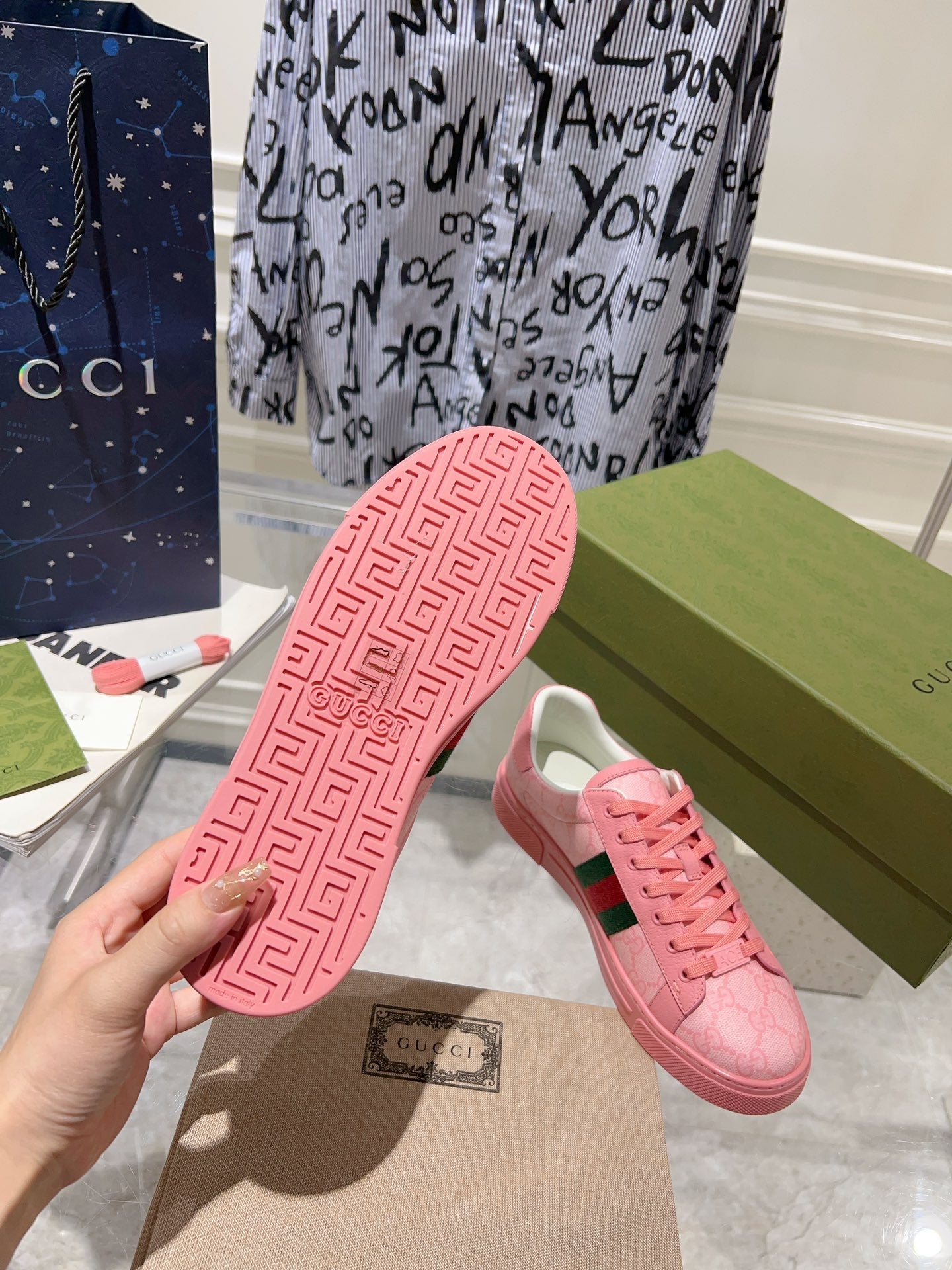 GUCCI ACE  SUPREME TRAINER BRIGHT PINK CALFSKIN