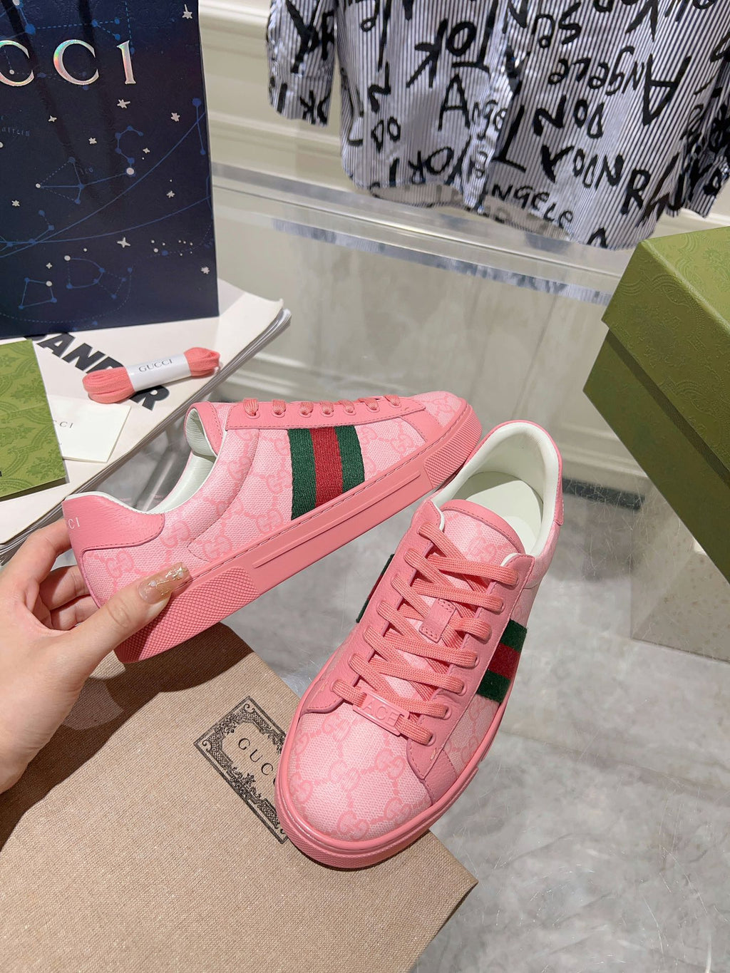 GUCCI ACE  SUPREME TRAINER BRIGHT PINK CALFSKIN