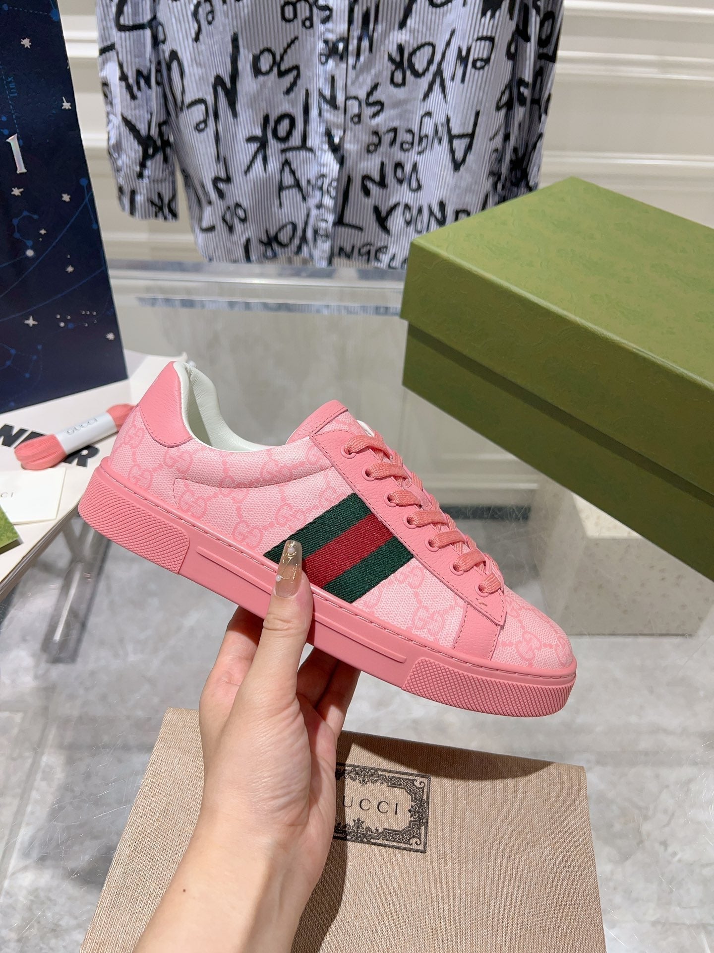 GUCCI ACE  SUPREME TRAINER BRIGHT PINK CALFSKIN