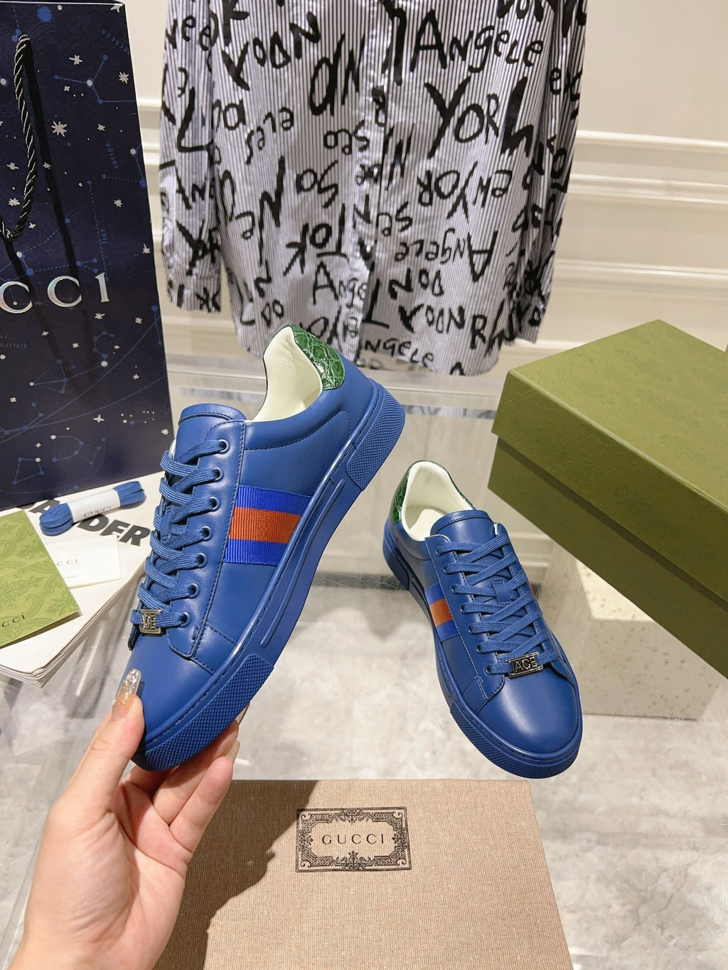 GUCCI ACE  SUPREME TRAINER AZURE CALFSKIN