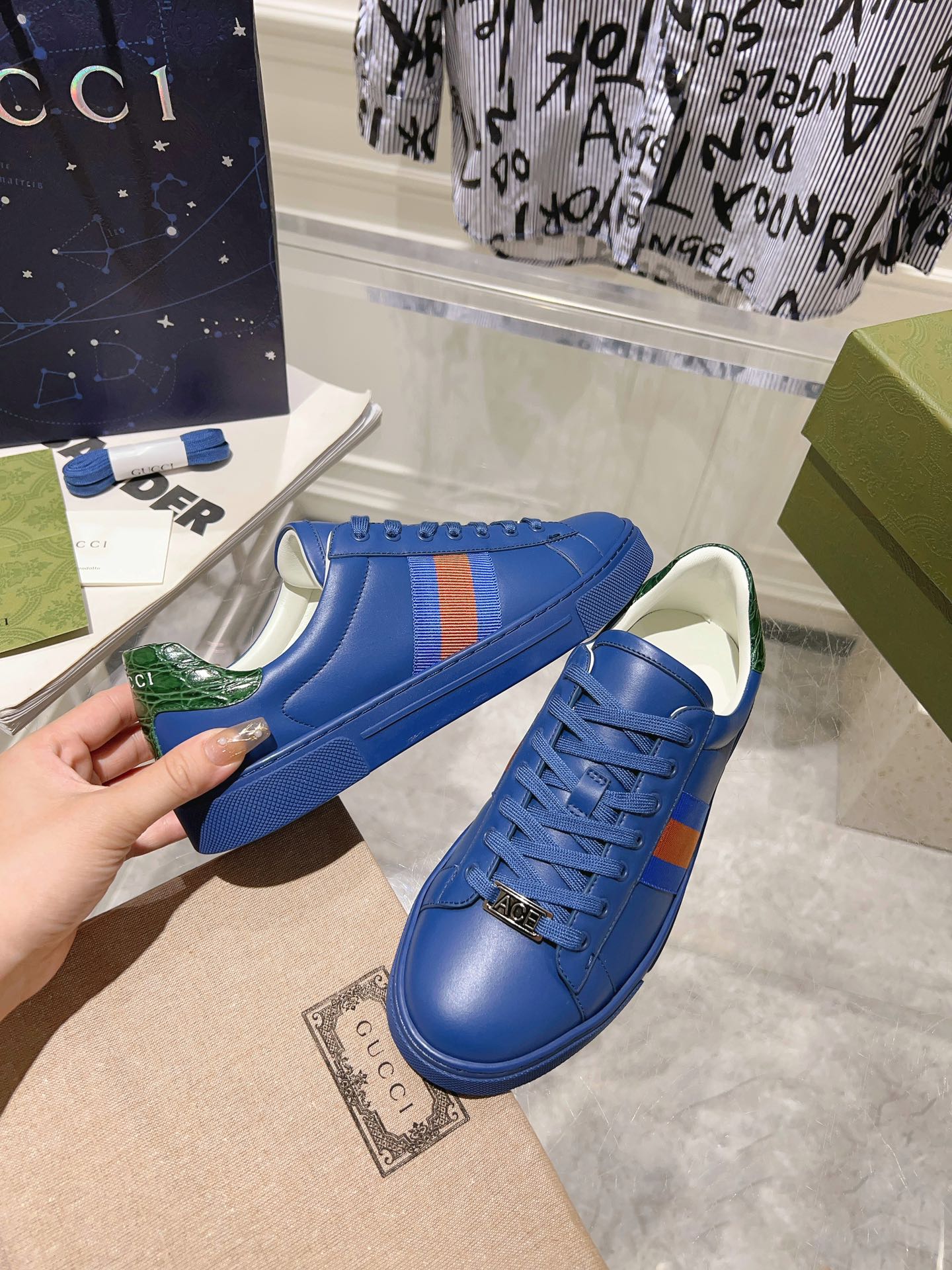 GUCCI ACE  SUPREME TRAINER AZURE CALFSKIN