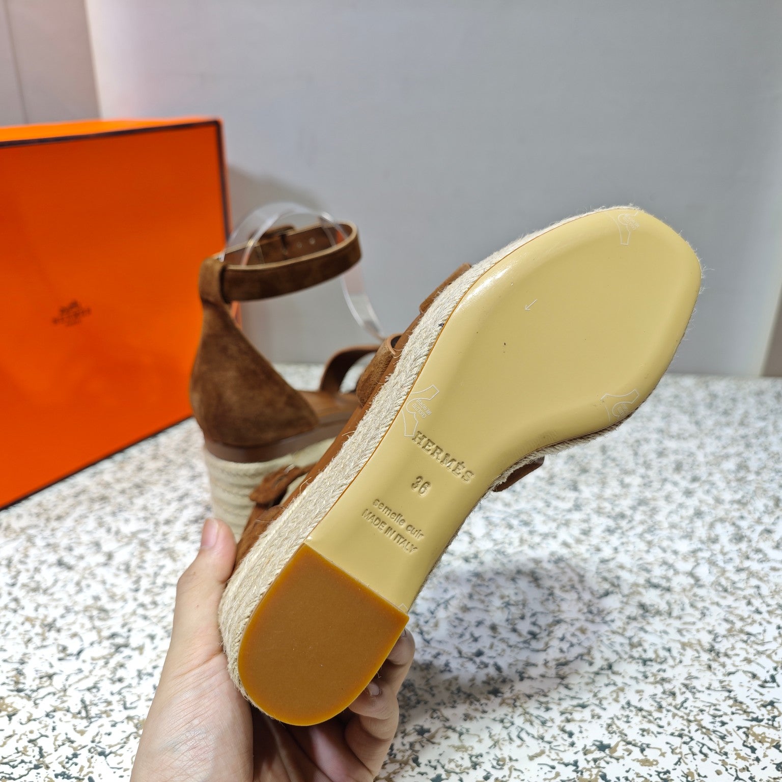 HERMES ELDA ESPADRILLE 80 BROWN SUEDE