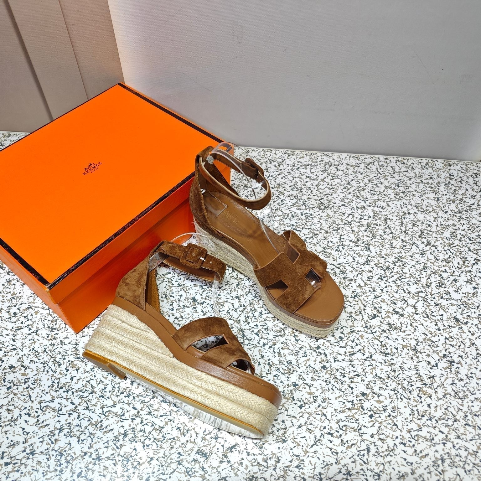HERMES ELDA ESPADRILLE 80 BROWN SUEDE