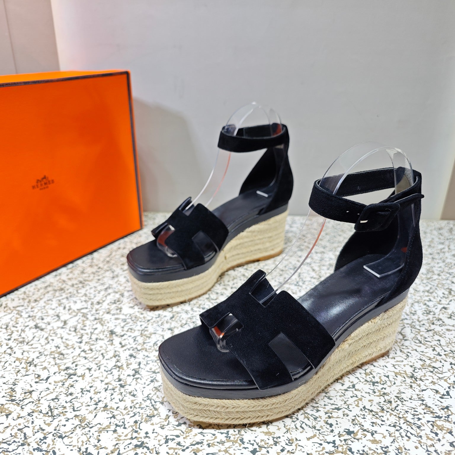 HERMES ELDA ESPADRILLE 80 BLACK SUEDE