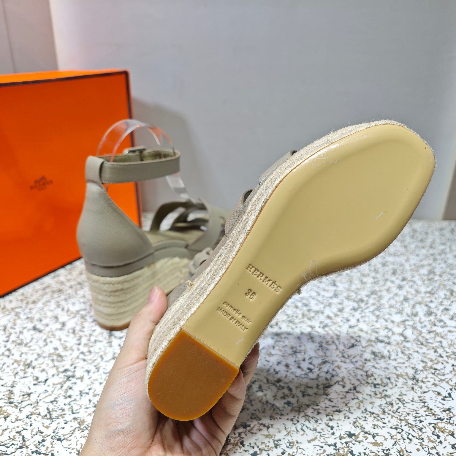 HERMES ELDA ESPADRILLE 80 LIGHT GRAY CALFSKIN