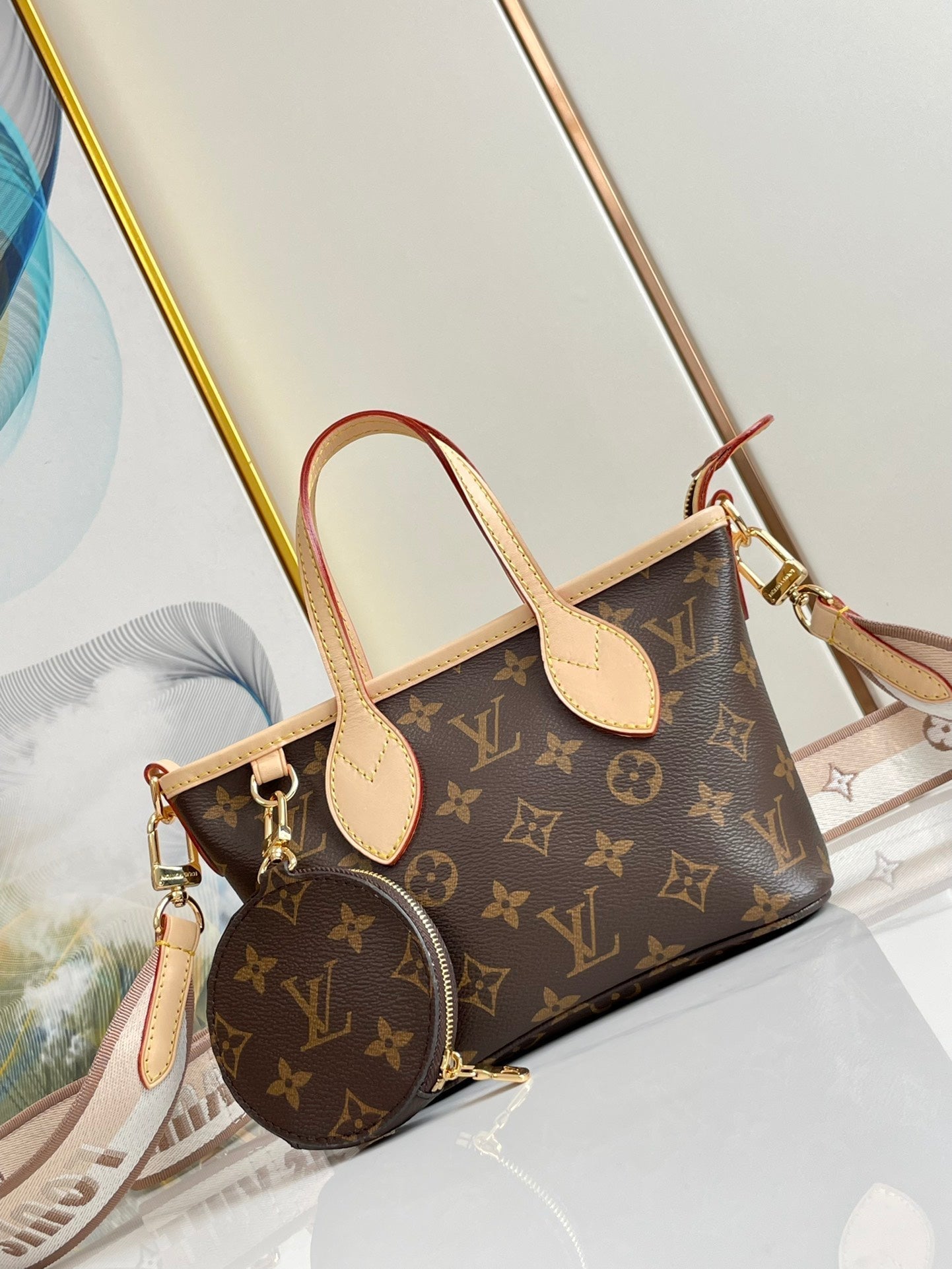 LOUIS VUITTON NEVERFULL BB 24 BROWN MONOGRAM CANVAS AND LEATHER TRIM GOLD HARDWARE