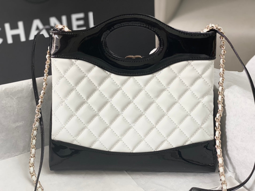 CHANEL MINI 23 SHOPPING BAG IN GLOSSY BLACK MIX WHITE CALFSKIN