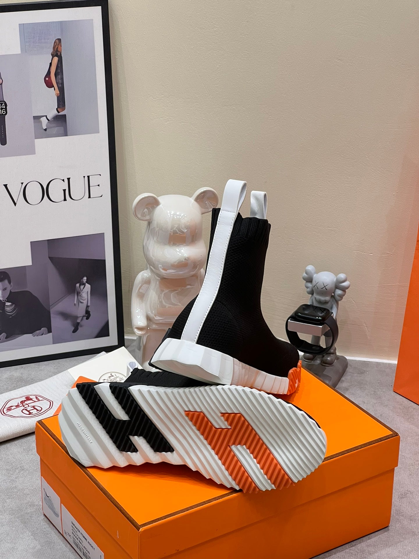 HERMES H FUN CLASSIC SNEAKER STYLISH BLACK AND WHITE LINE FABRIC