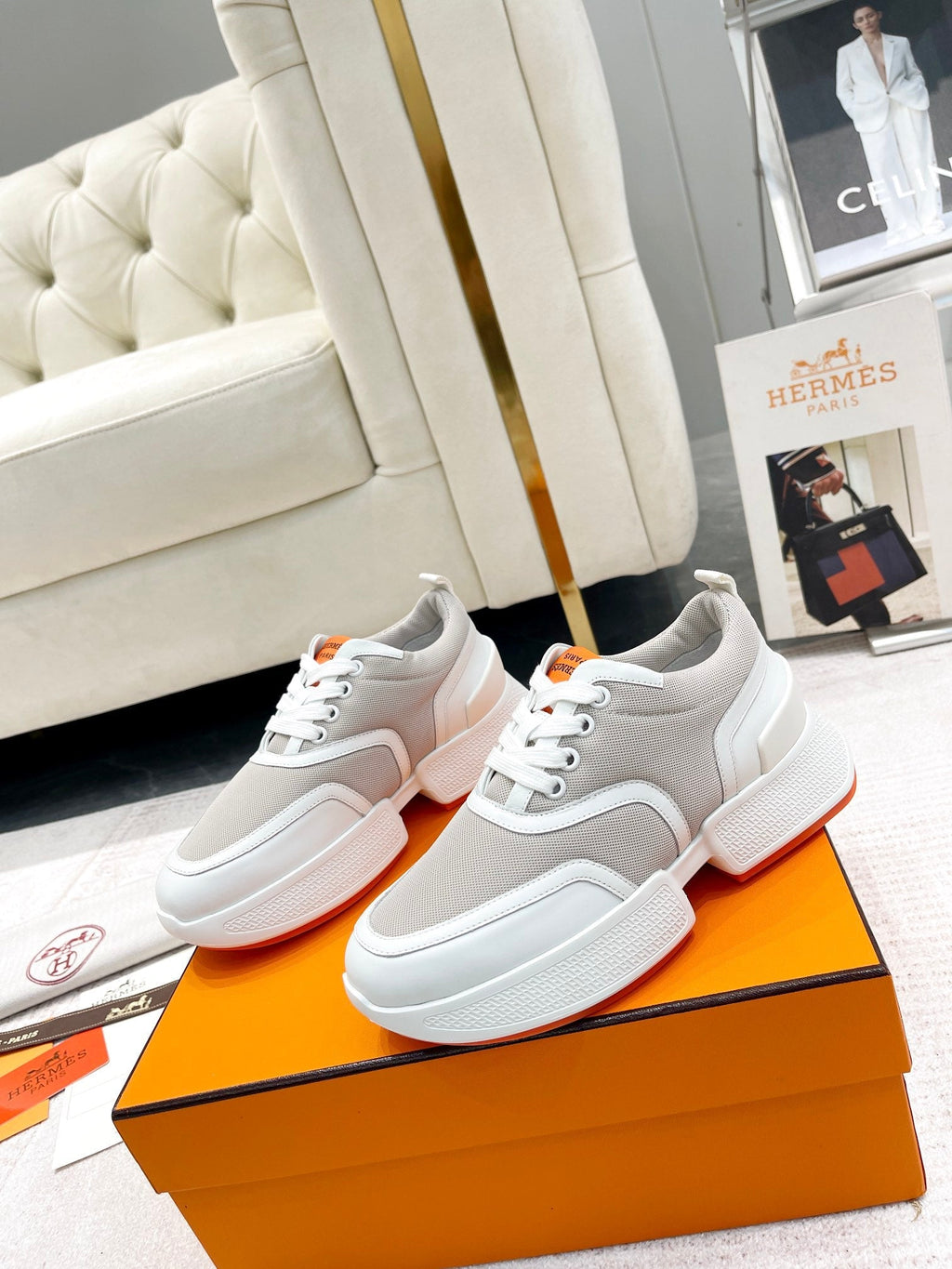 HERMES GIGA SNEAKER IN HARBOR GRAY STITCHED MESH AND WHITE CALFSKIN