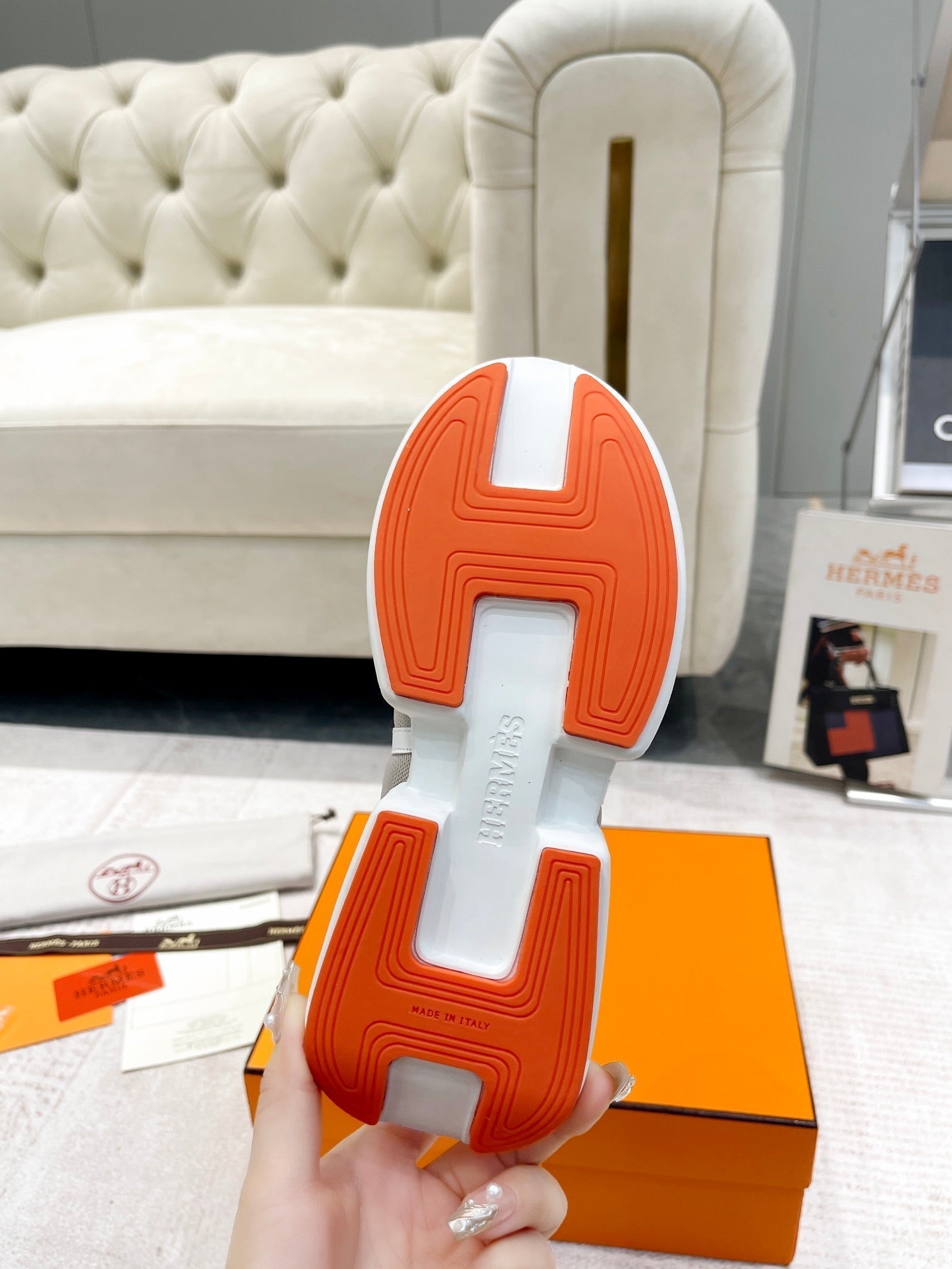 HERMES GIGA SNEAKER IN HARBOR GRAY STITCHED MESH AND WHITE CALFSKIN