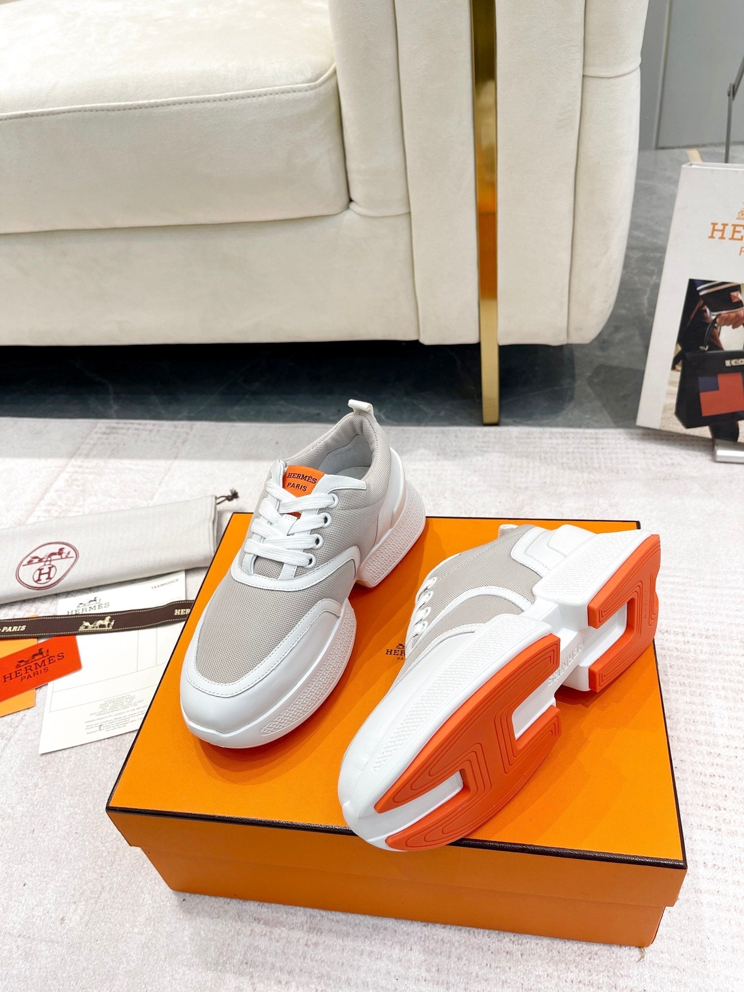 HERMES GIGA SNEAKER IN HARBOR GRAY STITCHED MESH AND WHITE CALFSKIN