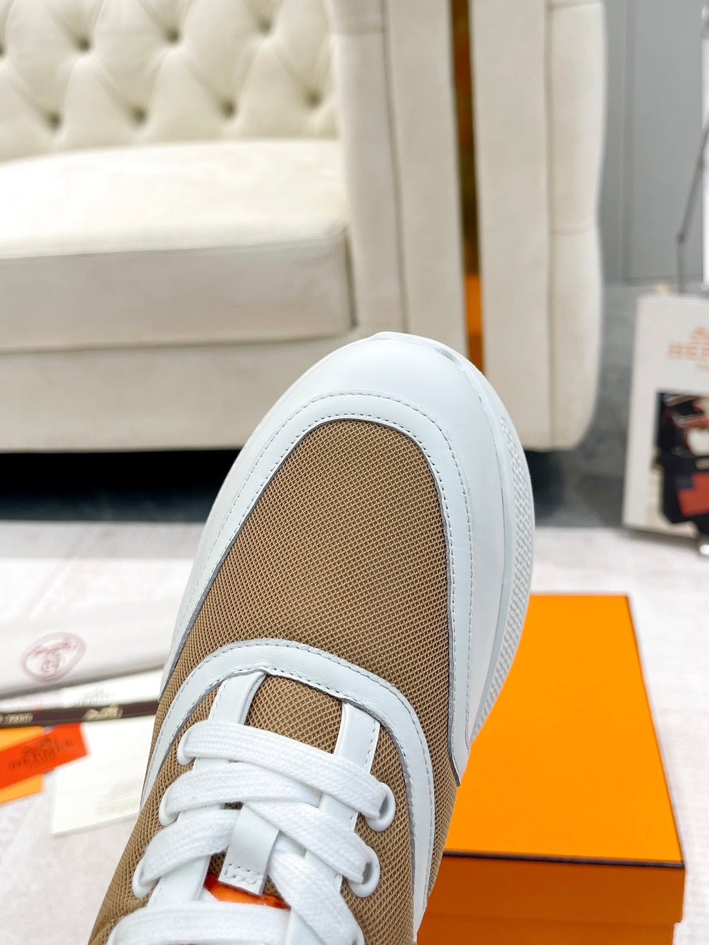 HERMES GIGA SNEAKER IN CIDER BROWN STITCHED MESH AND WHITE CALFSKIN