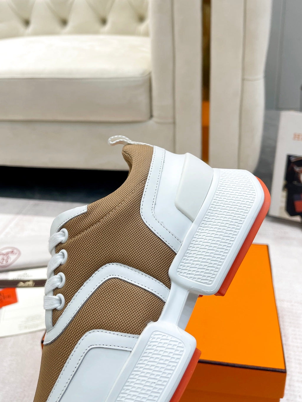 HERMES GIGA SNEAKER IN CIDER BROWN STITCHED MESH AND WHITE CALFSKIN