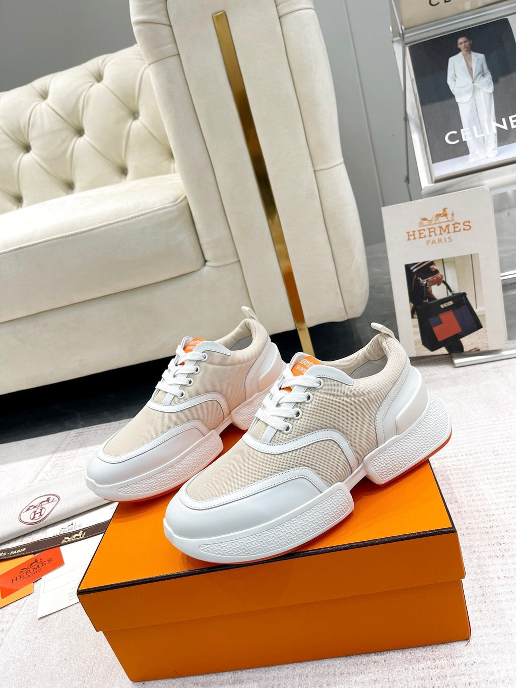 HERMES GIGA SNEAKER IN TAN BROWN STITCHED MESH AND WHITE CALFSKIN