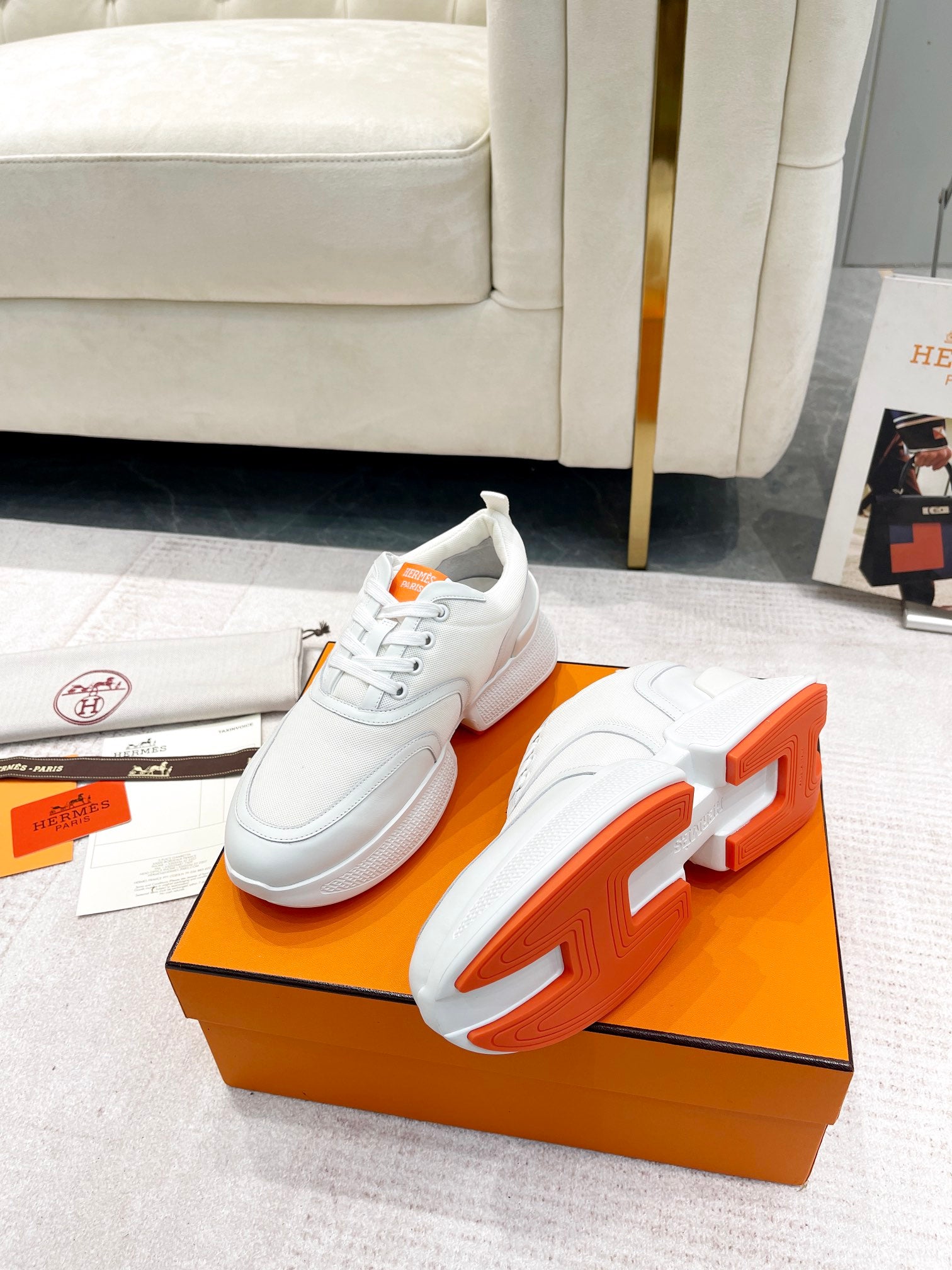 HERMES GIGA SNEAKER IN WHITE CREAM STITCHED MESH AND CALFSKIN