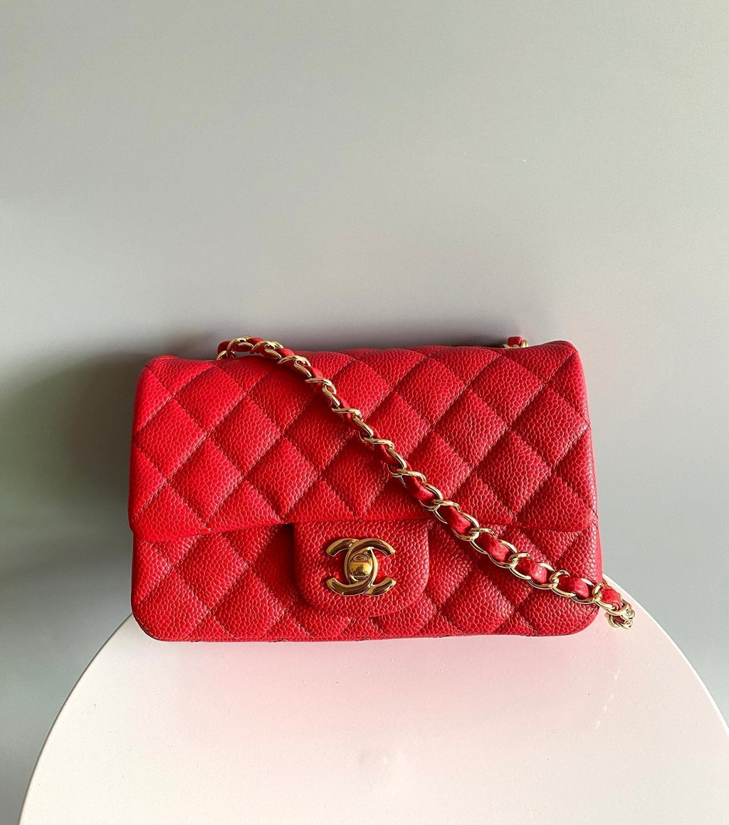 CHANEL MINI RECTANGLE FLAP BAG 20CM RED CAVIAR GOLD HARDWARE