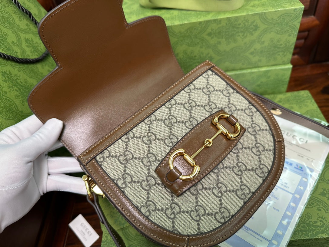 GUCCI 18 HORSEBIT 1955 MINI BAG BEIGE CANVAS AND EBONY CALFSKIN