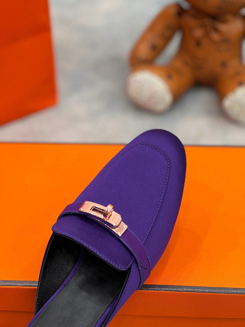 HERMES 0Z Mule Violet Silk Thick Cloth/Sheepskin