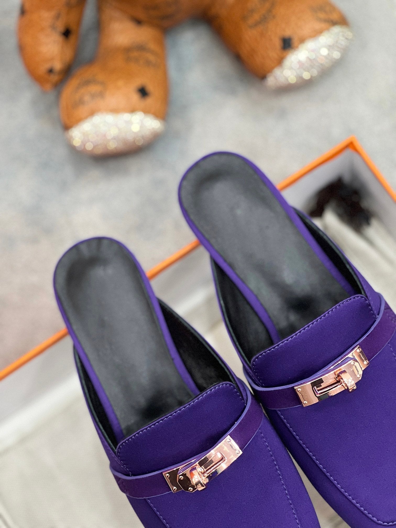 HERMES 0Z Mule Violet Silk Thick Cloth/Sheepskin
