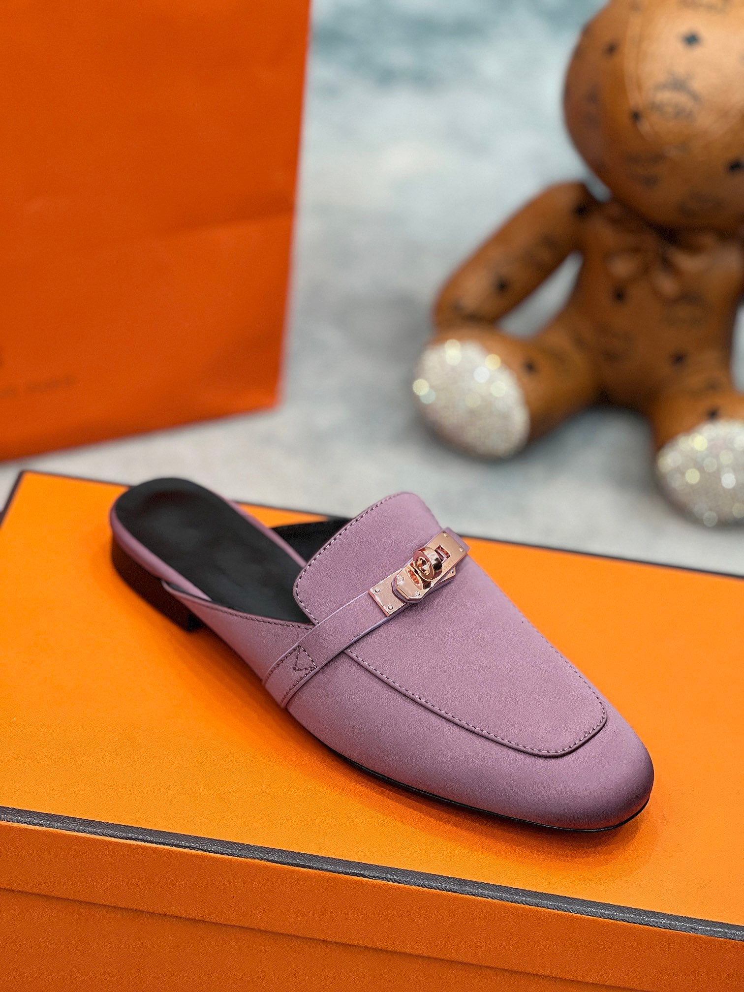 HERMES 0Z Mule Purple Silk Thick Cloth/Sheepskin