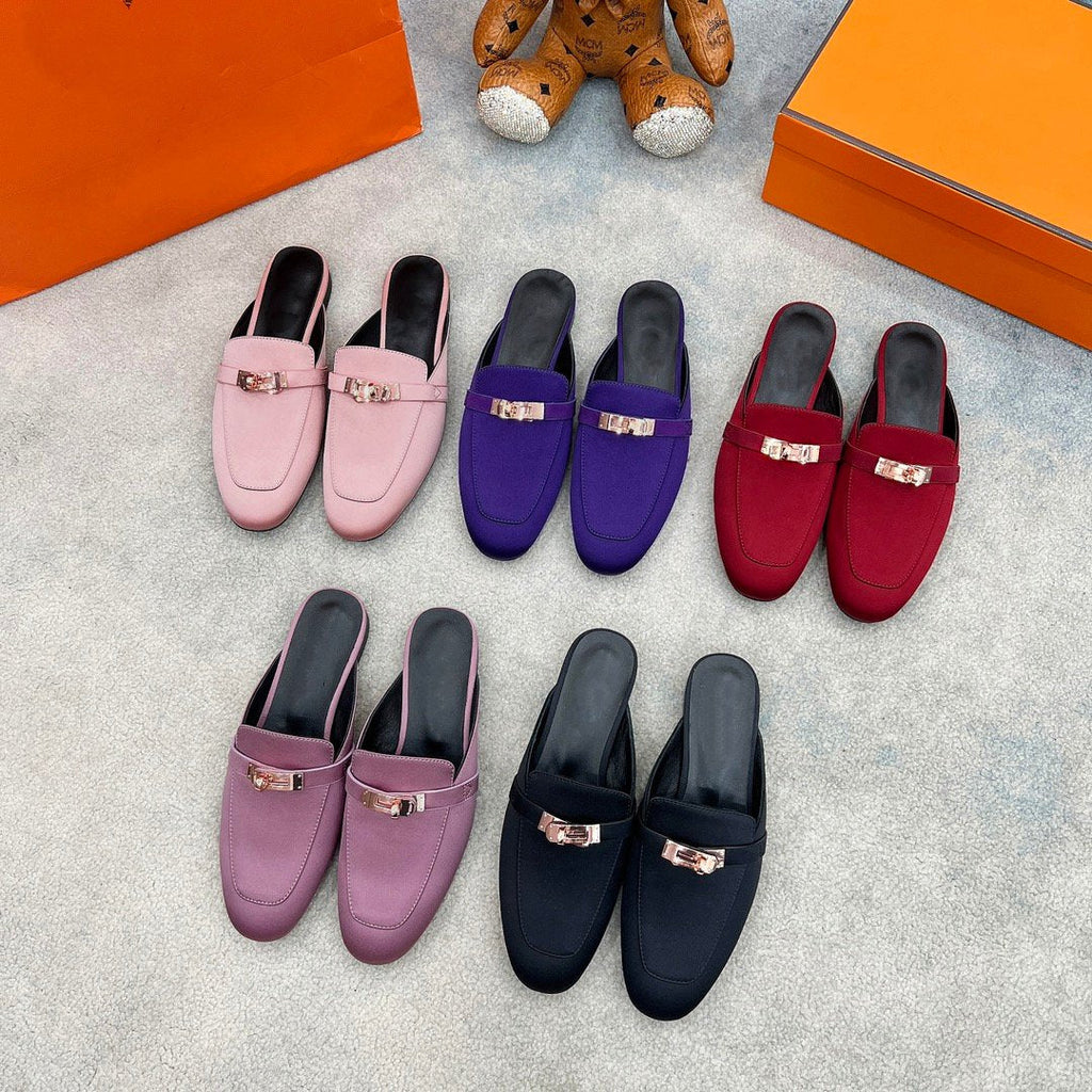 HERMES 0Z Mule Cherry Silk Thick Cloth/Sheepskin