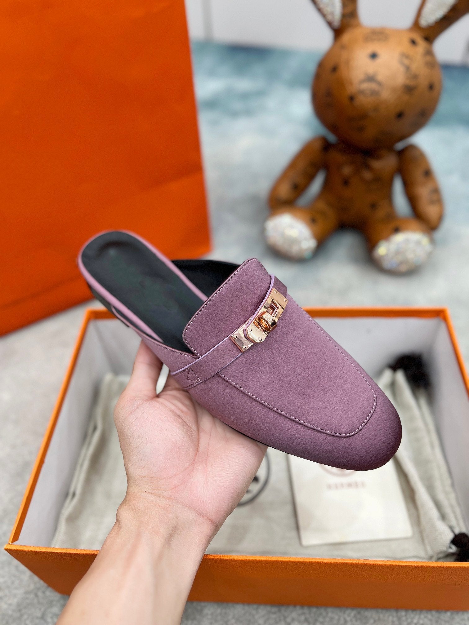 HERMES 0Z Mule Purple Silk Thick Cloth/Sheepskin