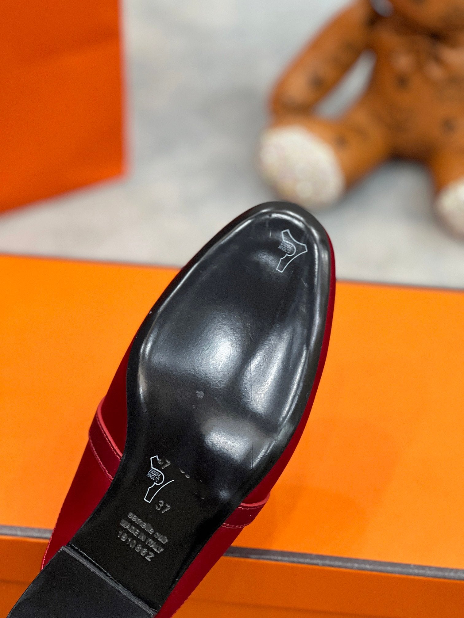 HERMES 0Z Mule Cherry Silk Thick Cloth/Sheepskin