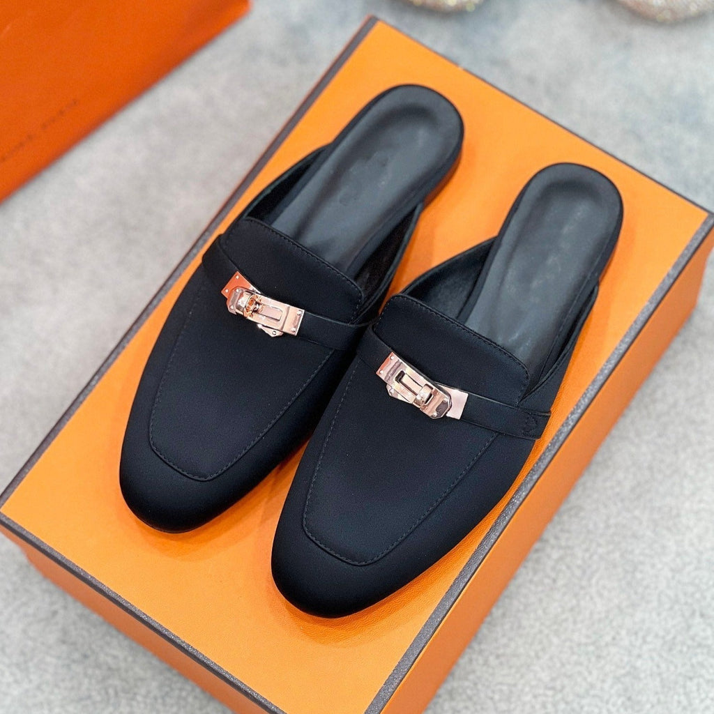 HERMES 0Z Mule Black Silk Thick Cloth/Sheepskin