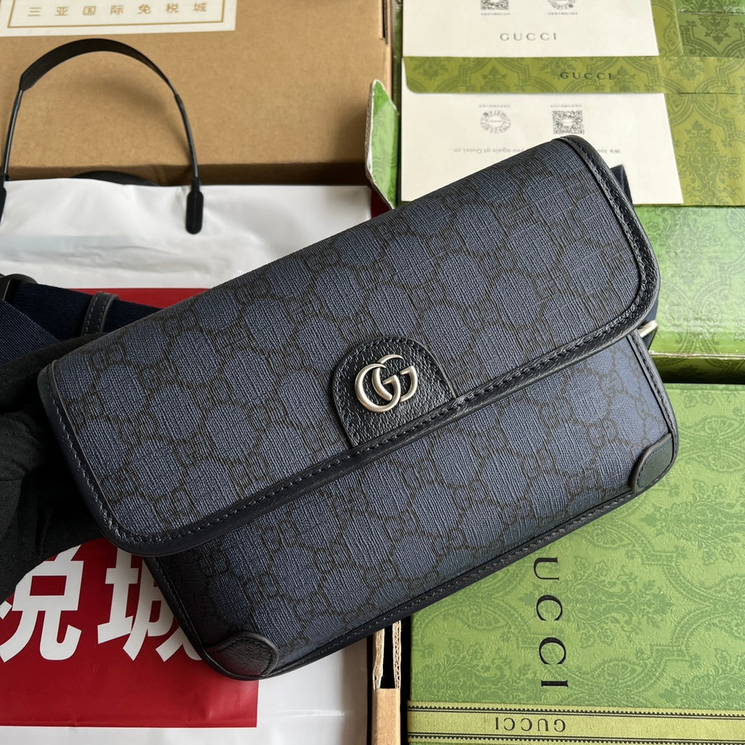 GUCCI OPHIDIA SMALL BELT BAG 23 IN DARK BLUE MONOGRAM CANVAS AND BLACK LAMBSKIN TRIM