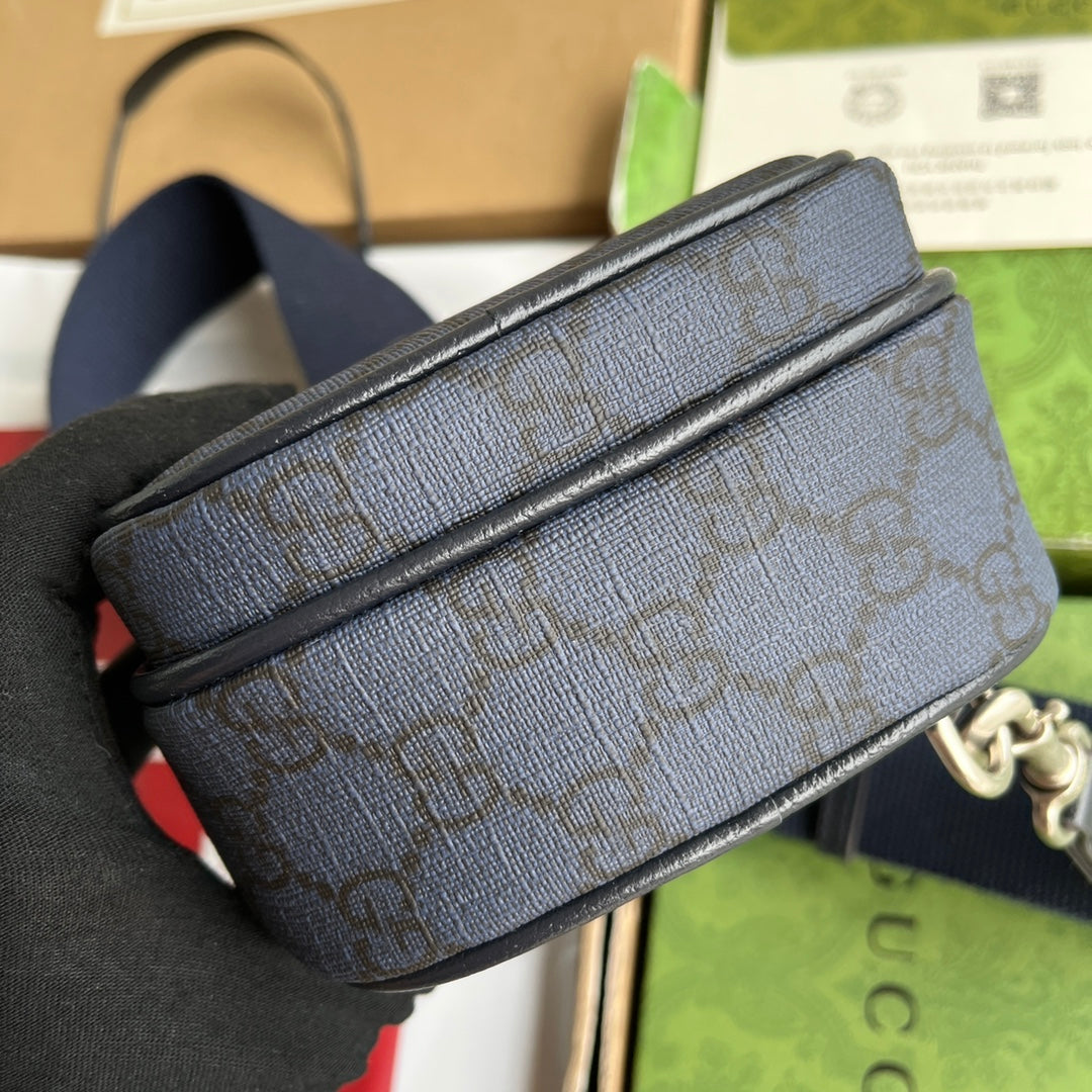 GUCCI OPHIDIA MINI BAG 18 IN DARK BLUE MONOGRAM CANVAS AND BLACK LAMBSKIN TRIM