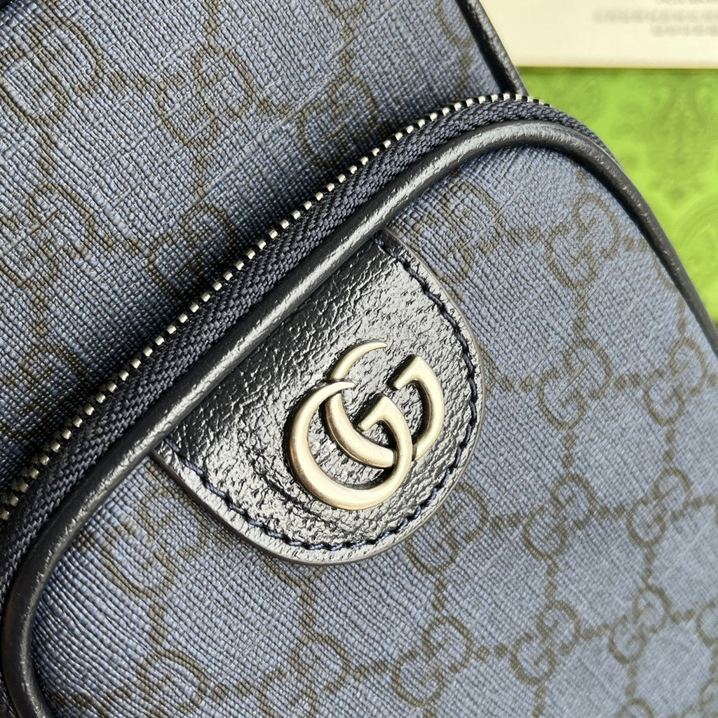 GUCCI OPHIDIA MINI BAG 18 IN DARK BLUE MONOGRAM CANVAS AND BLACK LAMBSKIN TRIM