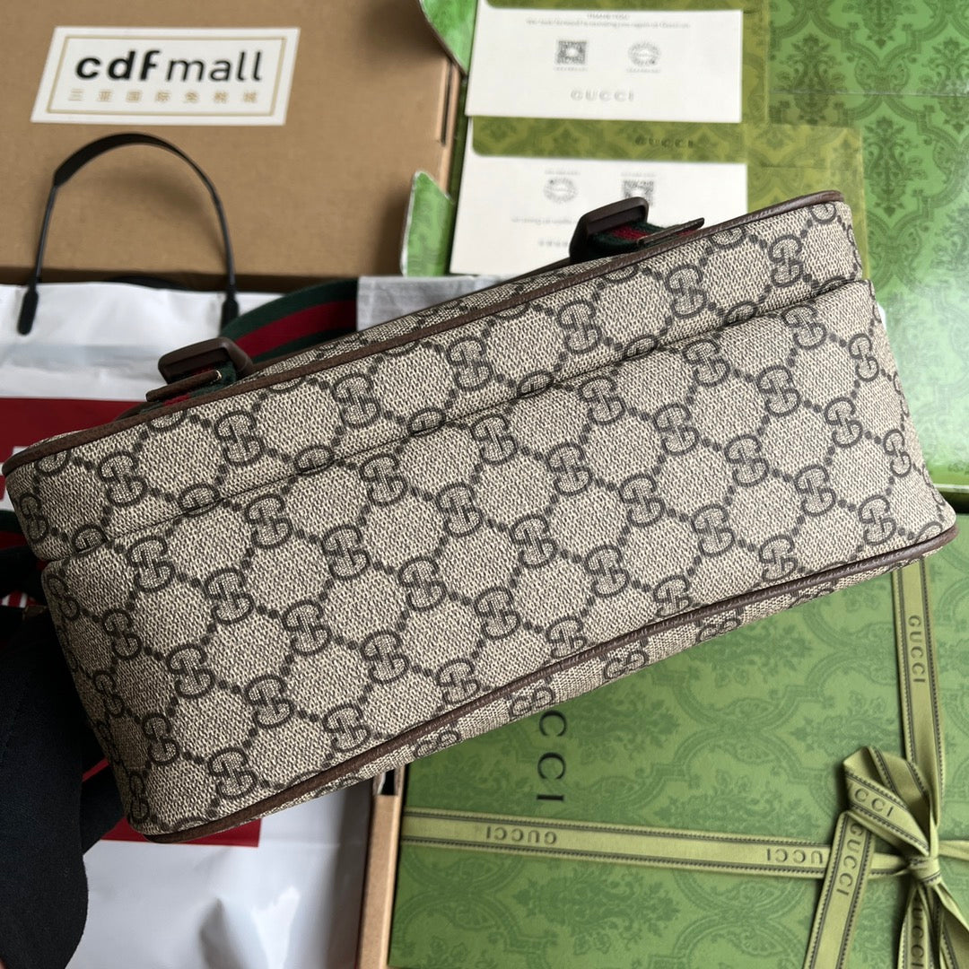 GUCCI OPHIDIA MEDIUM MESSENGER BAG 27 IN BEIGE AND EBONY  CALFSKIN GREEN RED WEB STRIPE CANVAS