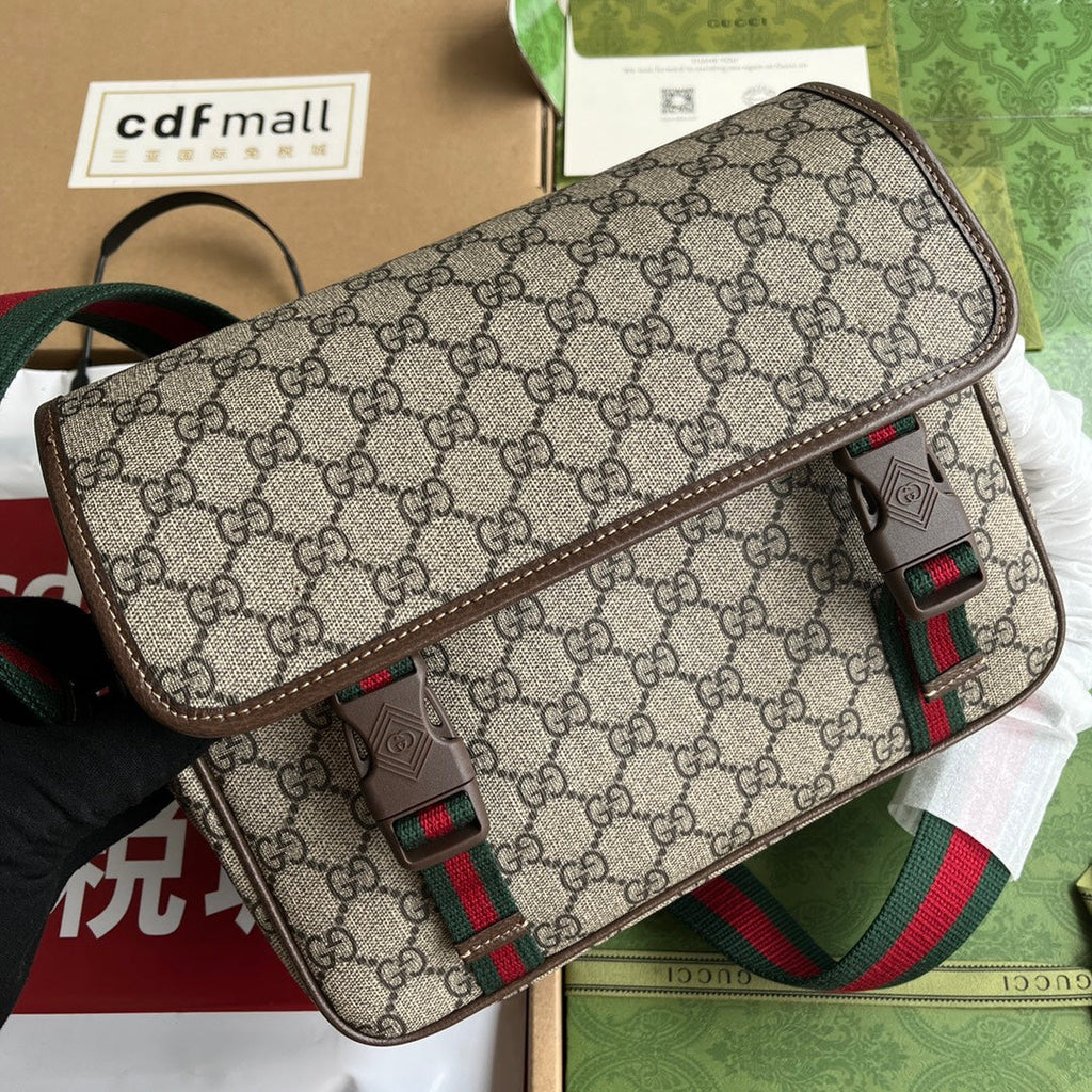 GUCCI OPHIDIA MEDIUM MESSENGER BAG 27 IN BEIGE AND EBONY  CALFSKIN GREEN RED WEB STRIPE CANVAS