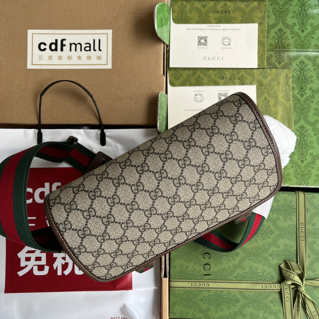 GUCCI OPHIDIA MEDIUM MESSENGER BAG 27 IN BEIGE AND EBONY  CALFSKIN GREEN RED WEB STRIPE CANVAS