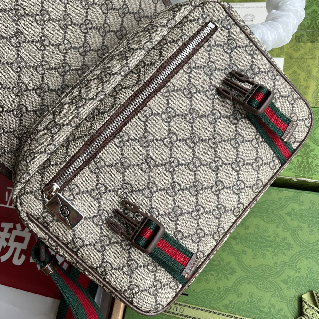 GUCCI OPHIDIA MEDIUM MESSENGER BAG 27 IN BEIGE AND EBONY  CALFSKIN GREEN RED WEB STRIPE CANVAS
