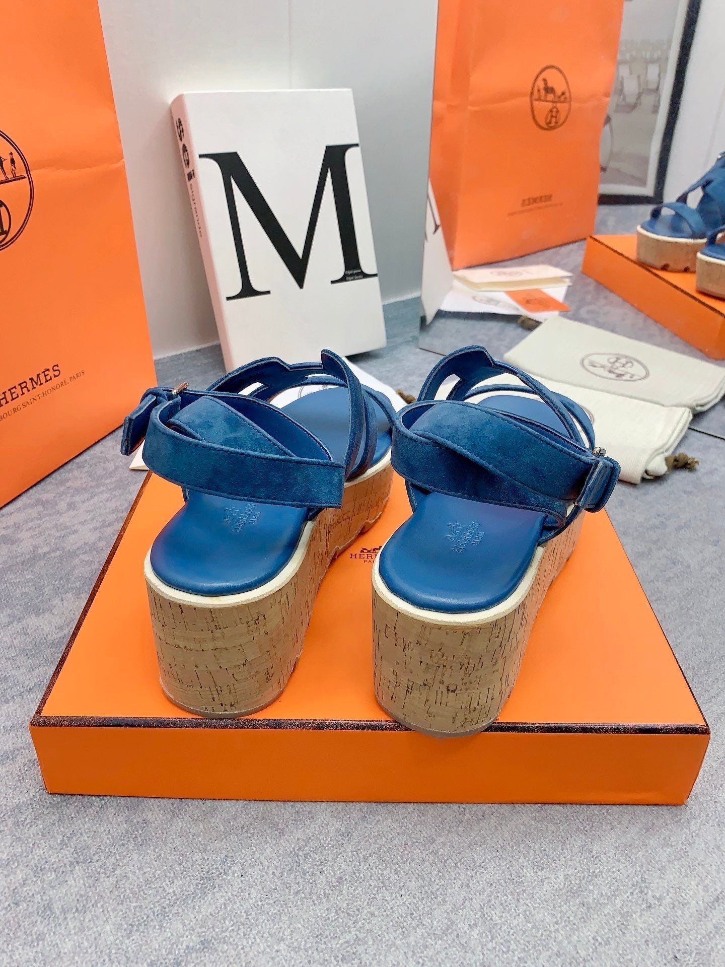 HERMES HAVANE 30 SANDAL IN CLASSIC BLUE SUEDE