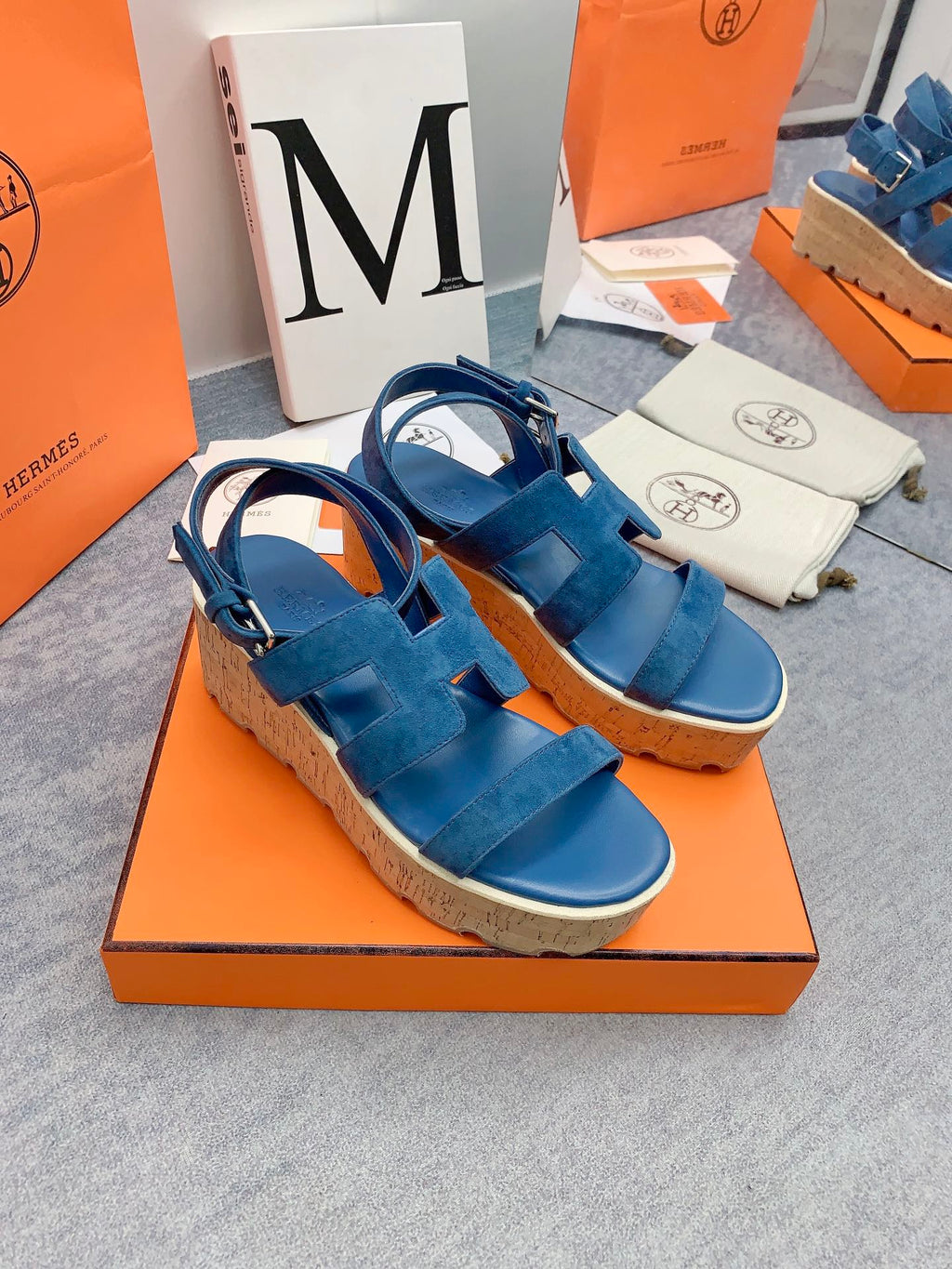 HERMES HAVANE 30 SANDAL IN CLASSIC BLUE SUEDE