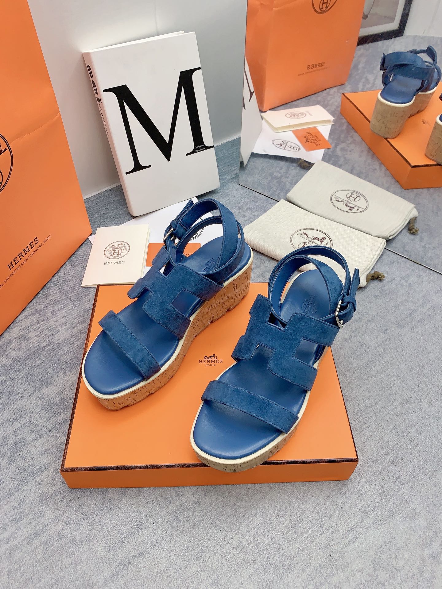 HERMES HAVANE 30 SANDAL IN CLASSIC BLUE SUEDE