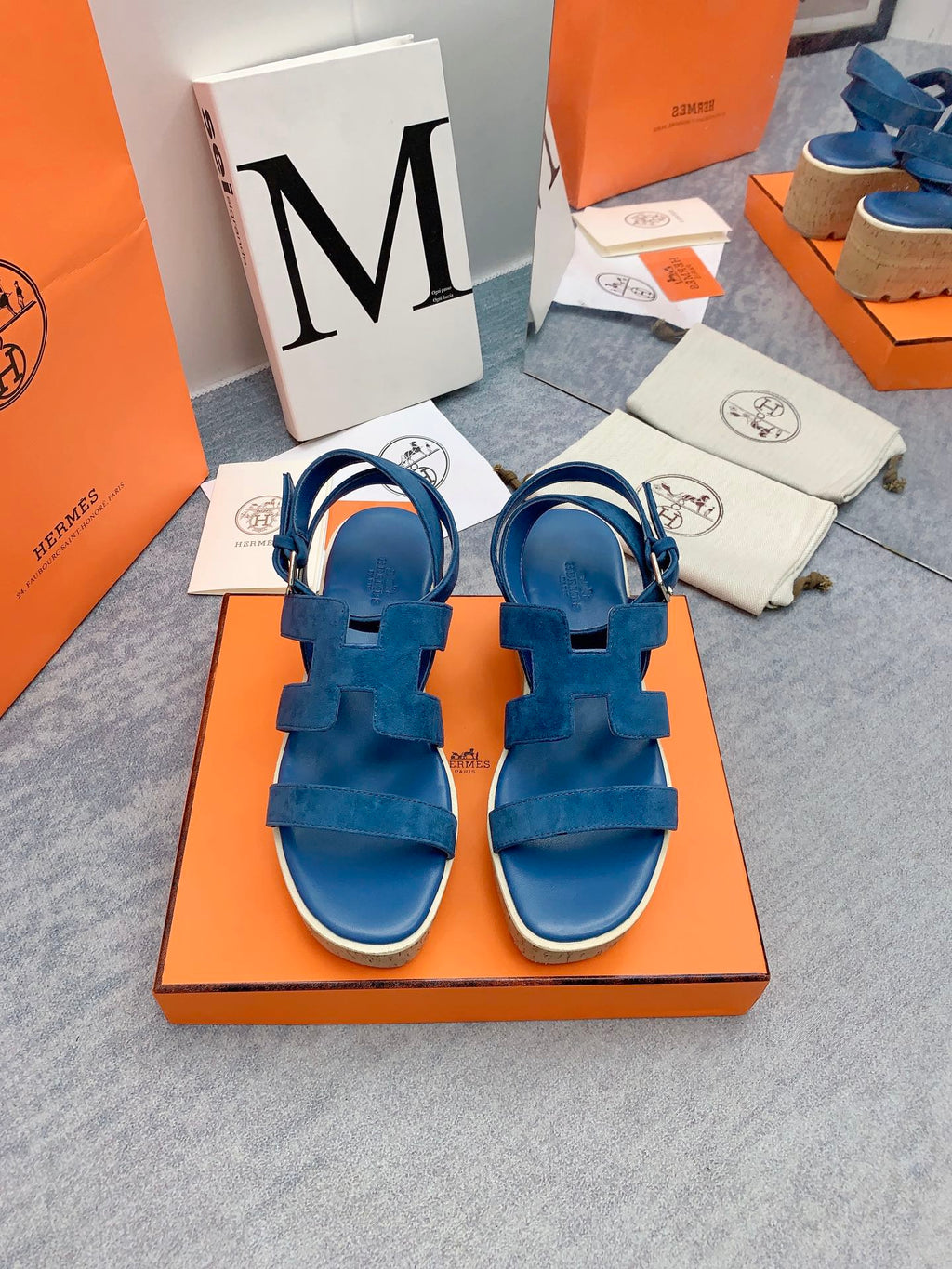 HERMES HAVANE 30 SANDAL IN CLASSIC BLUE SUEDE