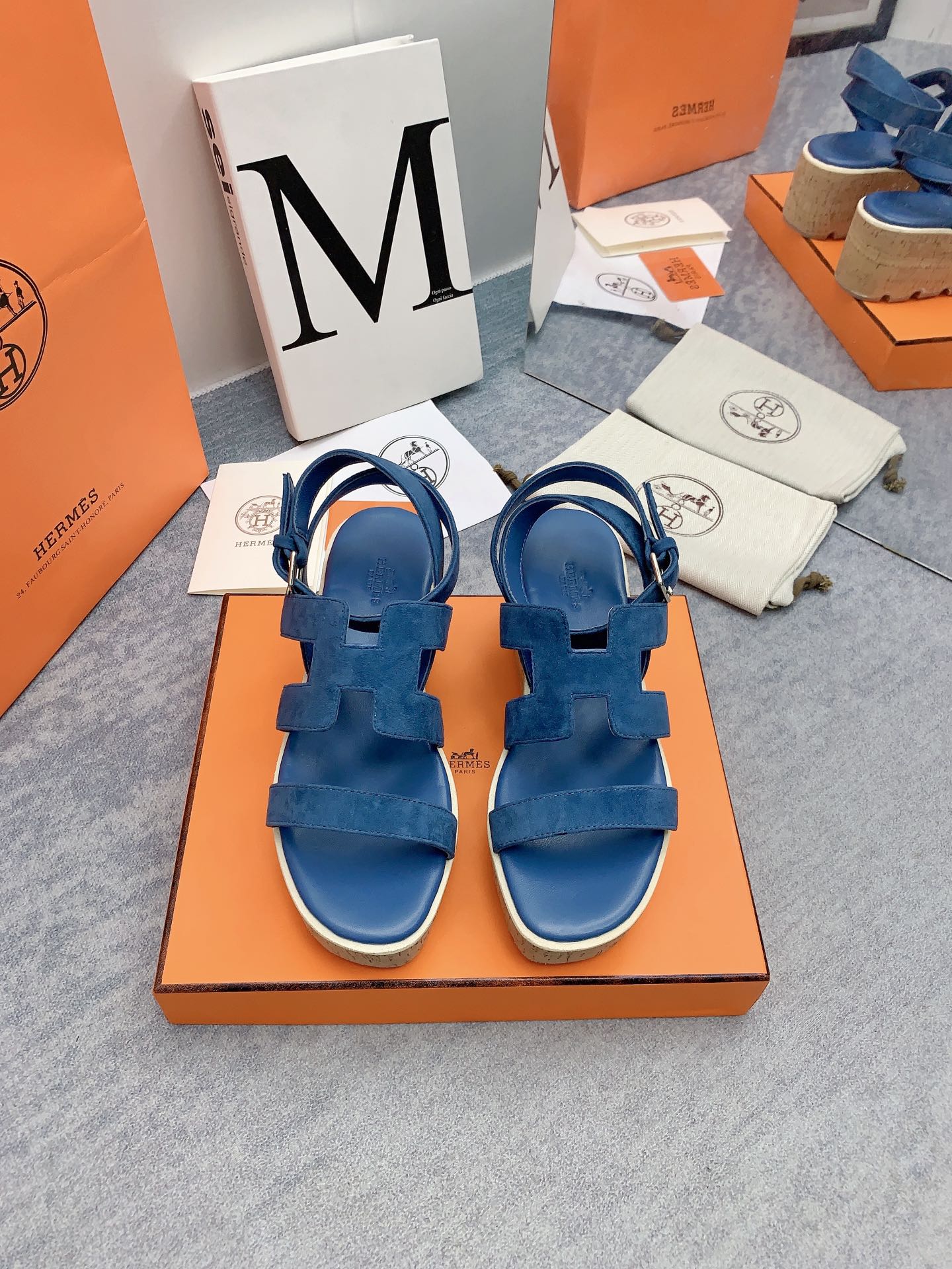HERMES HAVANE 30 SANDAL IN CLASSIC BLUE SUEDE
