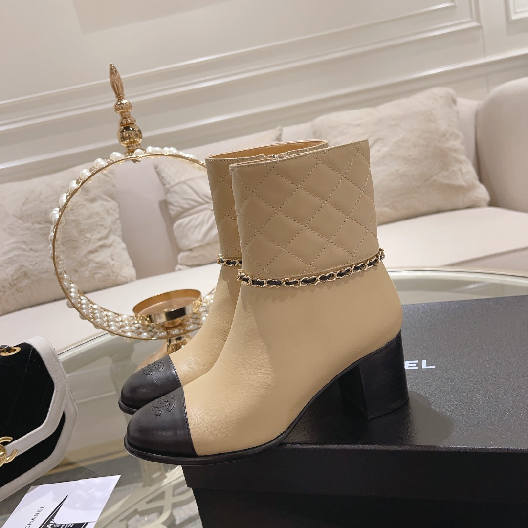 CHANEL MID-HEEL ANKLE BOOTS IN TORTILLA BROWN CALFSKIN