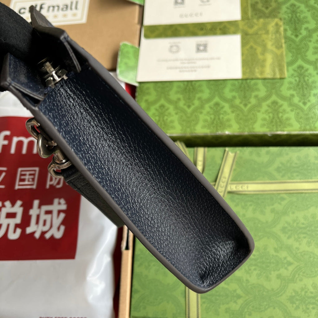 GUCCI OPHIDIA POUCH 26 IN DARK BLUE MONOGRAM CANVAS AND BLACK LAMBSKIN TRIM