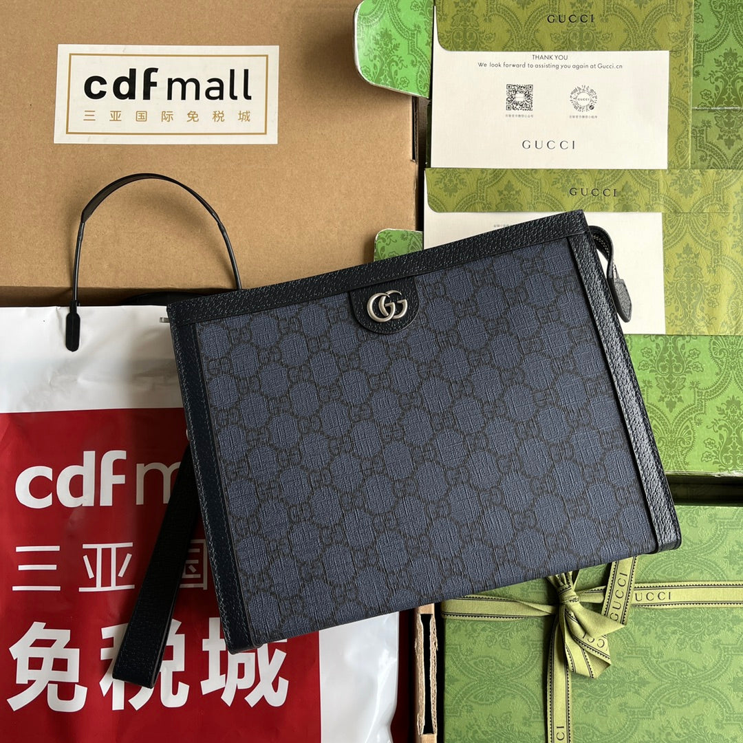 GUCCI OPHIDIA POUCH 26 IN DARK BLUE MONOGRAM CANVAS AND BLACK LAMBSKIN TRIM